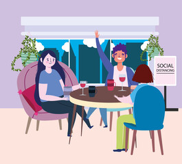 social distancing restaurant or a cafe, man and women sitting at table keep distance, covid 19 coronavirus, new normal life