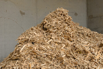 Chaufferie urbaine biomasse au bois. Stockage plaquettes de bois