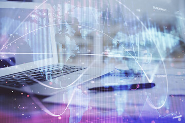 Obraz premium Double exposure of business theme icons and work space with computer background. Concept of success.