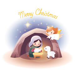 Nativity scene. Virgin Mary and baby infant Jesus and Angel. Christmas illustration. Christmas symbol.