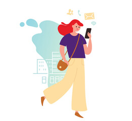 Young woman, girl walking with smart phone and purse, handbag.