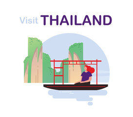 Obraz premium Phuket Thailand summer vacation trips. Traveller girl rides a boat surrounded by dy landmarks. Woman sitting in a boat in Thailand. James Bond Island in Phang Nga Bay.