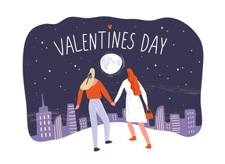 Two women walking together. Saint Valentine's Day card. Feast of Saint Valentine card. Night city landscape. Gay couple.