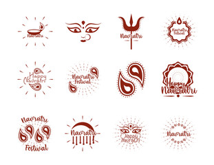 happy navratri indian celebration, goddess durga culture traditonal icons set flat style