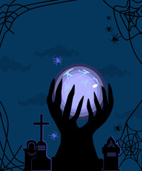 Halloween illustration with witch's magic luminous ball and cemetery,tombstones.Conjure,make a prediction.Spooky night background,spiders silhouettes and cobwebs.Vector party invitation,greeting card