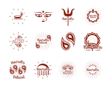happy navratri indian celebration, goddess durga culture traditonal icons set flat style