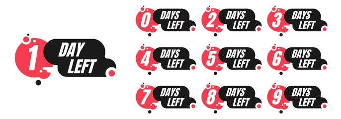 One-ten days left red and black promotion vector badges isolated on white background. Countdown left days banner, poster, flyer, sticker set elements.