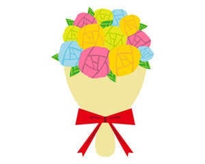 カラフルな薔薇のブーケをリボンで結んだベクターイラスト　　