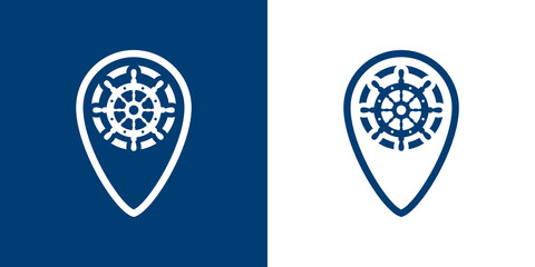 Logotipo estilo nautical. Icono plano timón en puntero lineal en fondo azul marino y fondo blanco