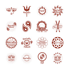 happy navratri indian celebration, goddess durga culture traditonal icons set flat style