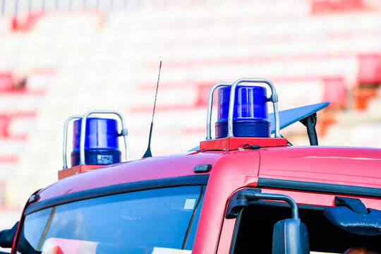 close-up picture of blue lights on a fire-truck