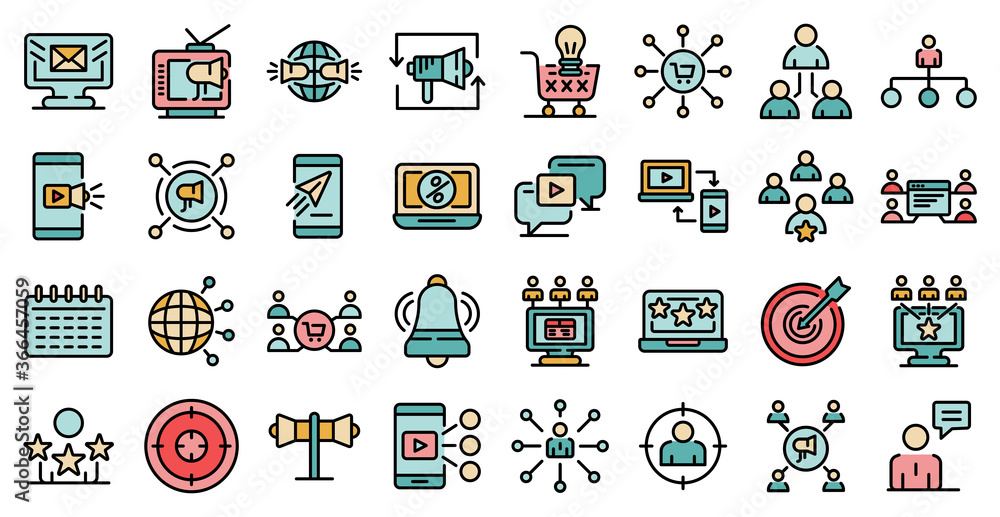 Poster remarketing icons set. outline set of remarketing vector icons thin line color flat on white