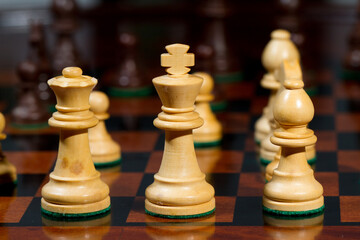 Closeup white king, queen, tower, knight and pawns. Set of chess figures on wooden playing board