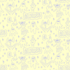 Fototapeta na wymiar Vector color seamless childish pattern with cute outline monsters aliens, space doodles, lettering. Baby background perfect for fabric, wrapping, wallpaper, textile, apparel, cover
