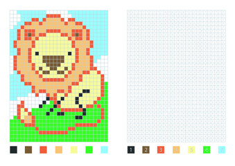 Pixel cartoon lion in the coloring page with numbered squares, vector illustration