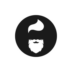 Silhouette of man's head with moustache and beard in hipster glasses in black circle.