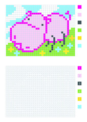 Pixel cartoon hippo in the coloring page with numbered squares, vector illustration