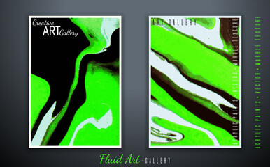 Vector. Fluid art. Liquid marble texture. Green, light green and white paints on a dark background. Wave effect. Art brush strokes with acrylic paints. Trendy modern background. Abstract painting. 