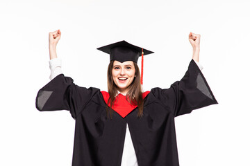 Young woman wearing graduate uniform holding degree over isolated background screaming proud and celebrating victory and success very excited, cheering emotion