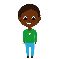Happy and joyful adorable African or African American boy in cartoon style Isolated on a white background. The child stands upright and is dressed in blue trousers and a brown turtleneck. 