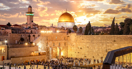  Jerusalem. Cityscape image of Jerusalem, Israel with Dome of the Rock and Western Wall at sunset. 