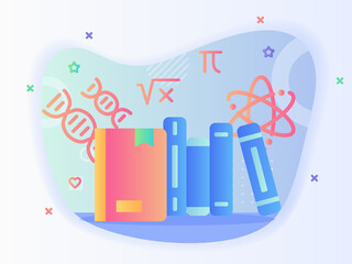 Concept book library background of atom dna gene icon with flat style.