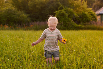 A two-year-old blond-haired laughing boy standing in the grass with a flower in a village.