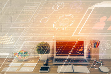 Multi exposure of desktop with personal computer and tech theme drawing. Concept of Bigdata.