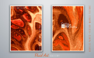 Vector. Fluid art. Liquid marble texture. Bright yellow, gold and orange colors. Art brush strokes with acrylic paints. Trendy modern background. Abstract painting. Template for posters, book covers.