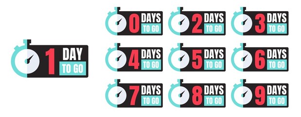 One-ten days to go blue, white, red, black promotion vector badges with a timer isolated on white. Countdown left days banner, poster, flyer, sticker set elements.
