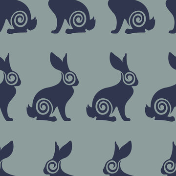Seamless pattern with sitting gray rabbits and hares. Design for wallpaper, textiles, Easter background, bedding with animals for children and adults, printing on T-shirts, packaging goods. Vector