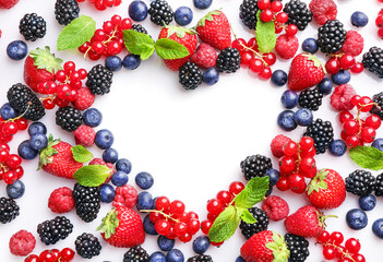 Heart frame of assorted wild fresh summer berries