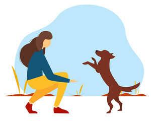 Woman playing with a dog in the Park. Cute autumn illustration in flat style.
