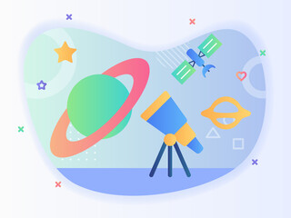 elescope look above saturn satellite star astronomy concept with flat style