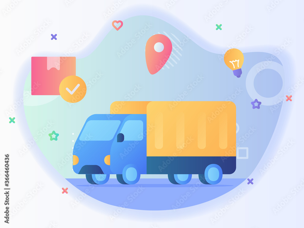 Poster ruck delivery icon background box package point location bulb with flat style.