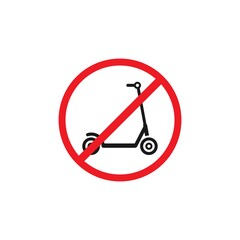 Black kick scooter or balance bike in red crossed circle icon. No push scooter s sign isolated on white.