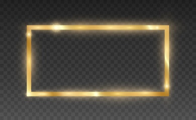 Gold glitter with shiny gold frame on a transparent black background. Vector luxury golden background.