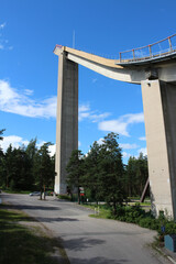 Bottom view of the highest point of the ski jump in the city of Lahti. Finland.