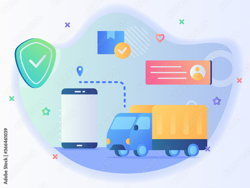 Poster Truck following pointer location with app smart phone background box package profile receiver address shield concept of pick up delivery location with flat style.