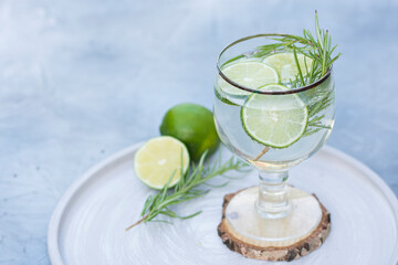 Glass of gin and tonic with lime slices and rosemary.