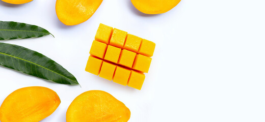 Tropical fruit, Mango slices on white background.