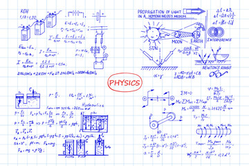 Physical equations on workbook. Vector hand-drawn illustration. Education and scientific set.