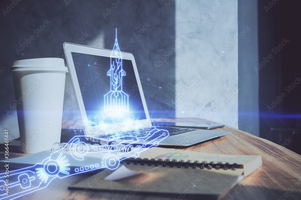Aufkleber Desktop computer background in office and start up theme hologram drawing. Double exposure. Startup concept.
