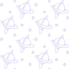 Baby space seamless pattern. Cartoon outline planets and stars. Vector cosmic background and texture. For kids design, fabric, wrapping, wallpaper, textile, apparel, coloring book