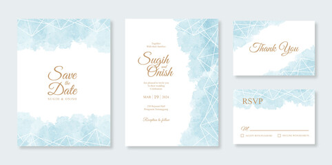 Geometric watercolor splash for wedding card invitation set template