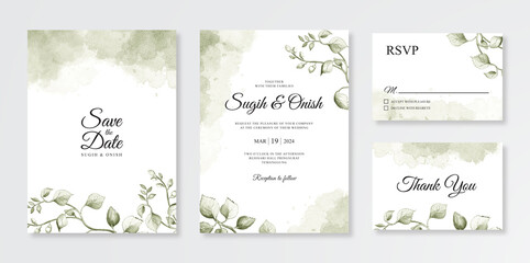 Hand painting watercolor floral and splash for wedding card invitation set template