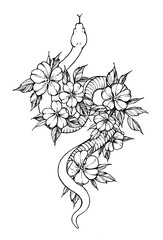 Fototapeta premium Tattoo snake decorated flowers. T-shirt design