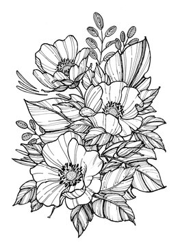 Tattoo bouquet of poppies with foliage. Floral illustration for tattoo, t-shirt design. Tattoo for forearm, thigh, back.
