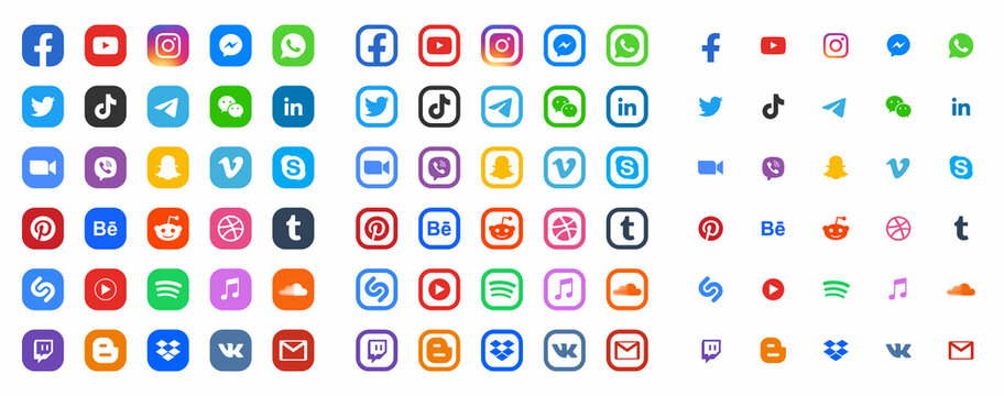 Popular Social Media Network Modern Square Flat Color Icons Vector Set. Video, Photo, Music, Audio, Podcast, Online Video Stream, File Hosting, Business, Design, Portfolio, Communication, Chat Logo