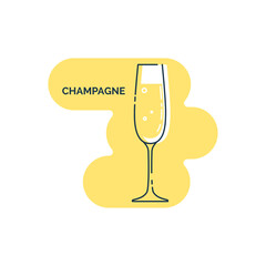 Wineglass shampagne with air bubbles line art in flat style. Isolated on colored shape as background. Restaurant alcoholic illustration for celebration design. Contour element. Beverage outline icon